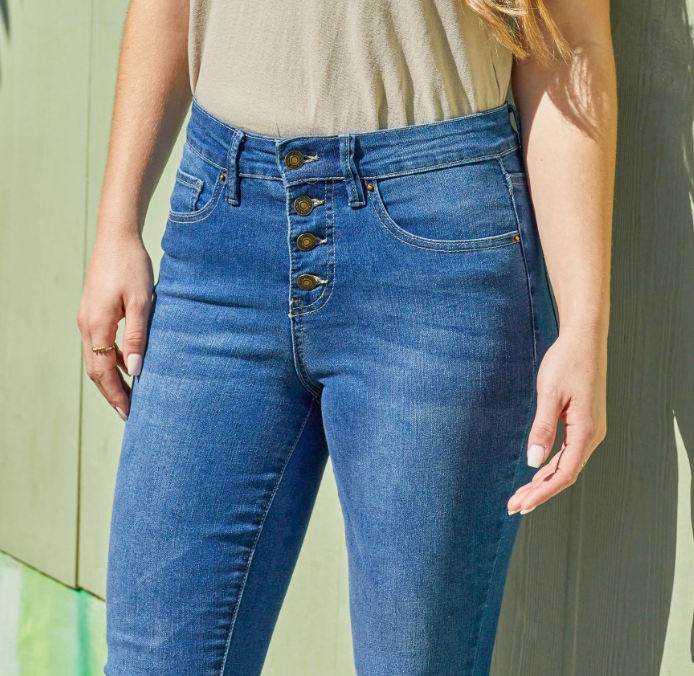 High Rise Distressed Hem Tummy Control Skinny Jeans by RFM - Medium Wash *FINAL SALE*