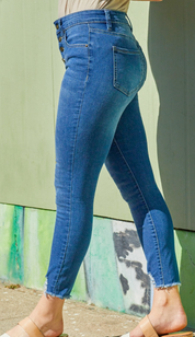 High Rise Distressed Hem Tummy Control Skinny Jeans by RFM - Medium Wash *FINAL SALE*