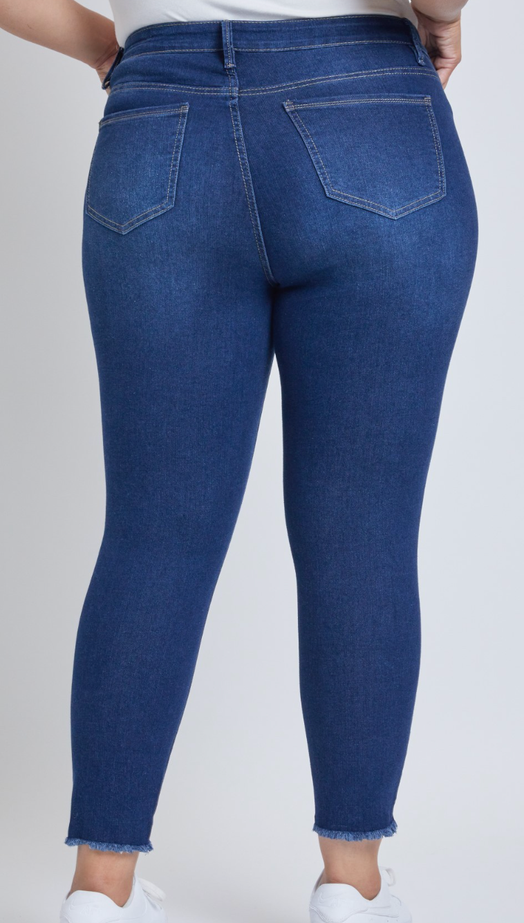 High Rise Distressed Hem Tummy Control Skinny Jeans by RFM - Dark Wash *FINAL SALE*