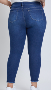 High Rise Distressed Hem Tummy Control Skinny Jeans by RFM - Dark Wash *FINAL SALE*