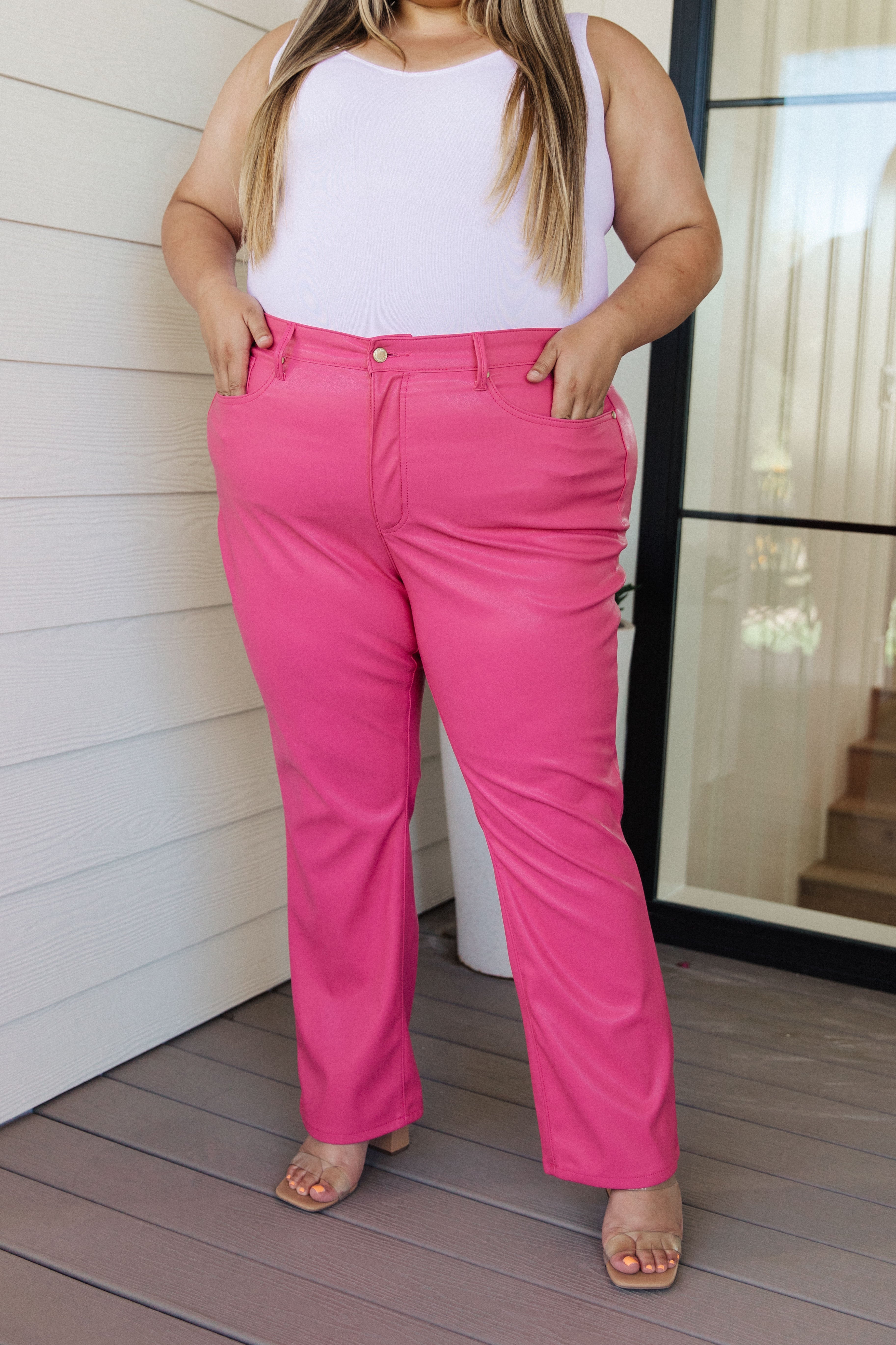 Tummy Control Faux Leather Judy Blue Pants in Hot Pink