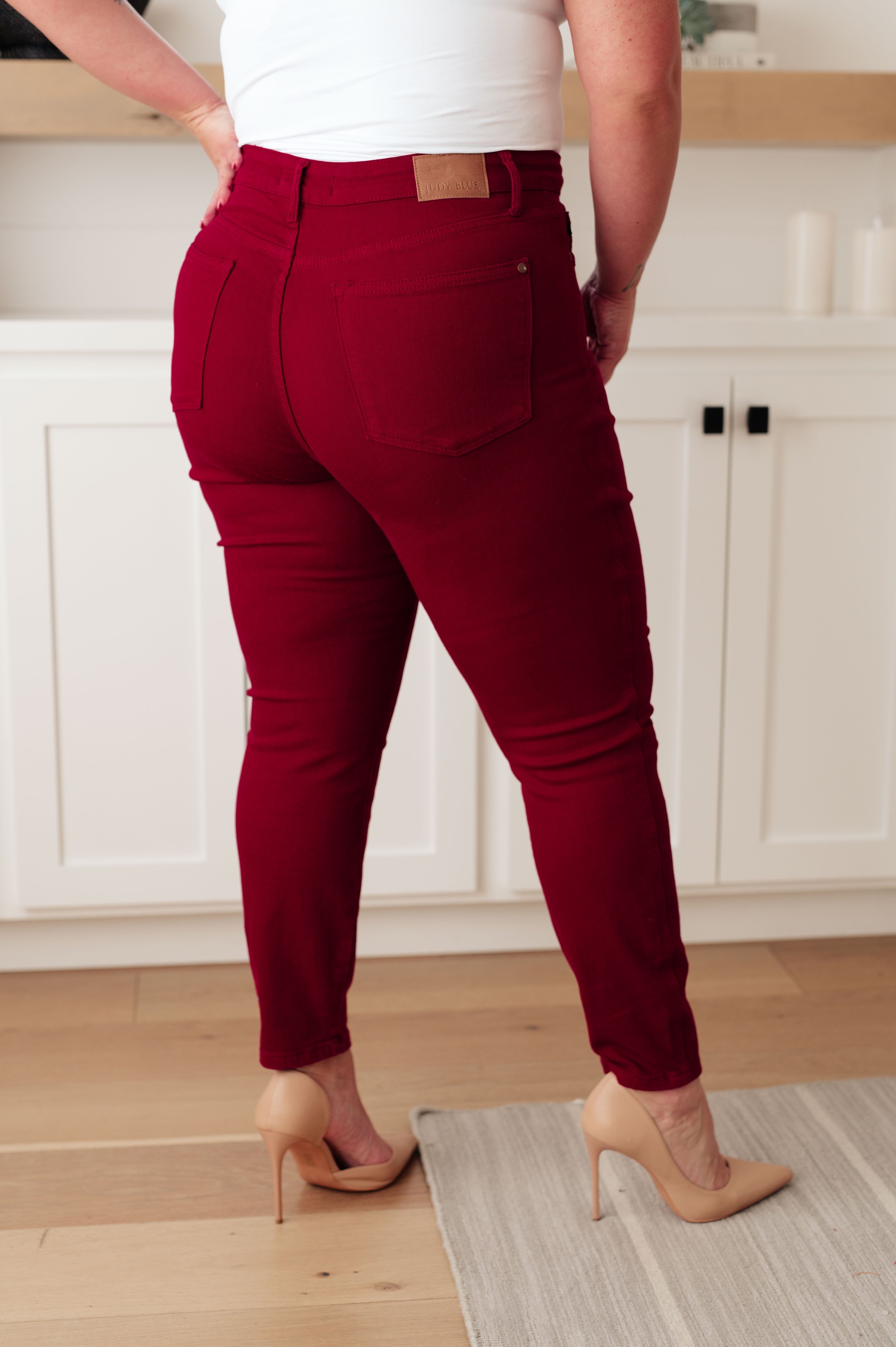 High Rise Tummy Control Skinny Judy Blue Jeans Scarlet