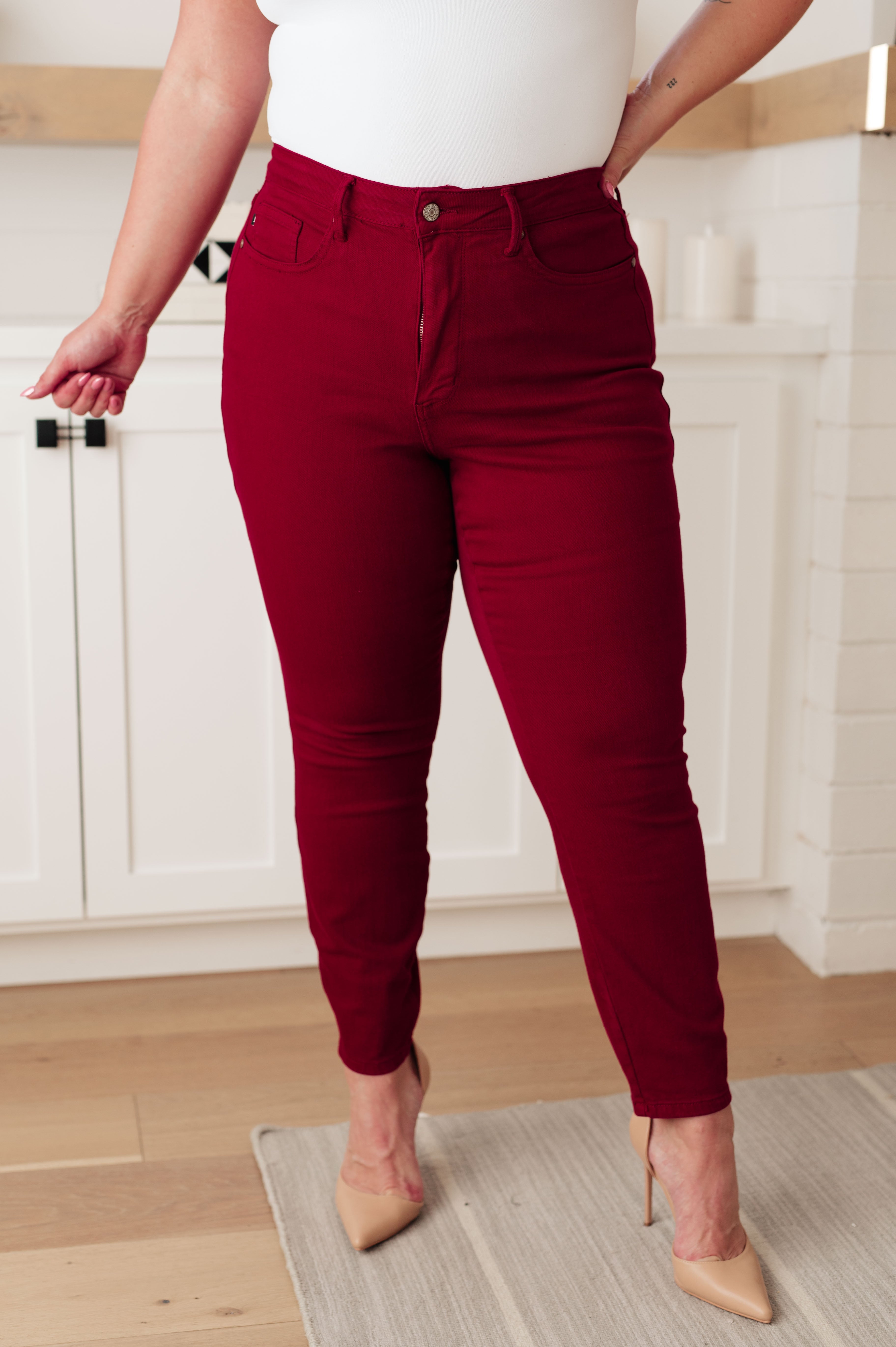High Rise Tummy Control Skinny Judy Blue Jeans Scarlet