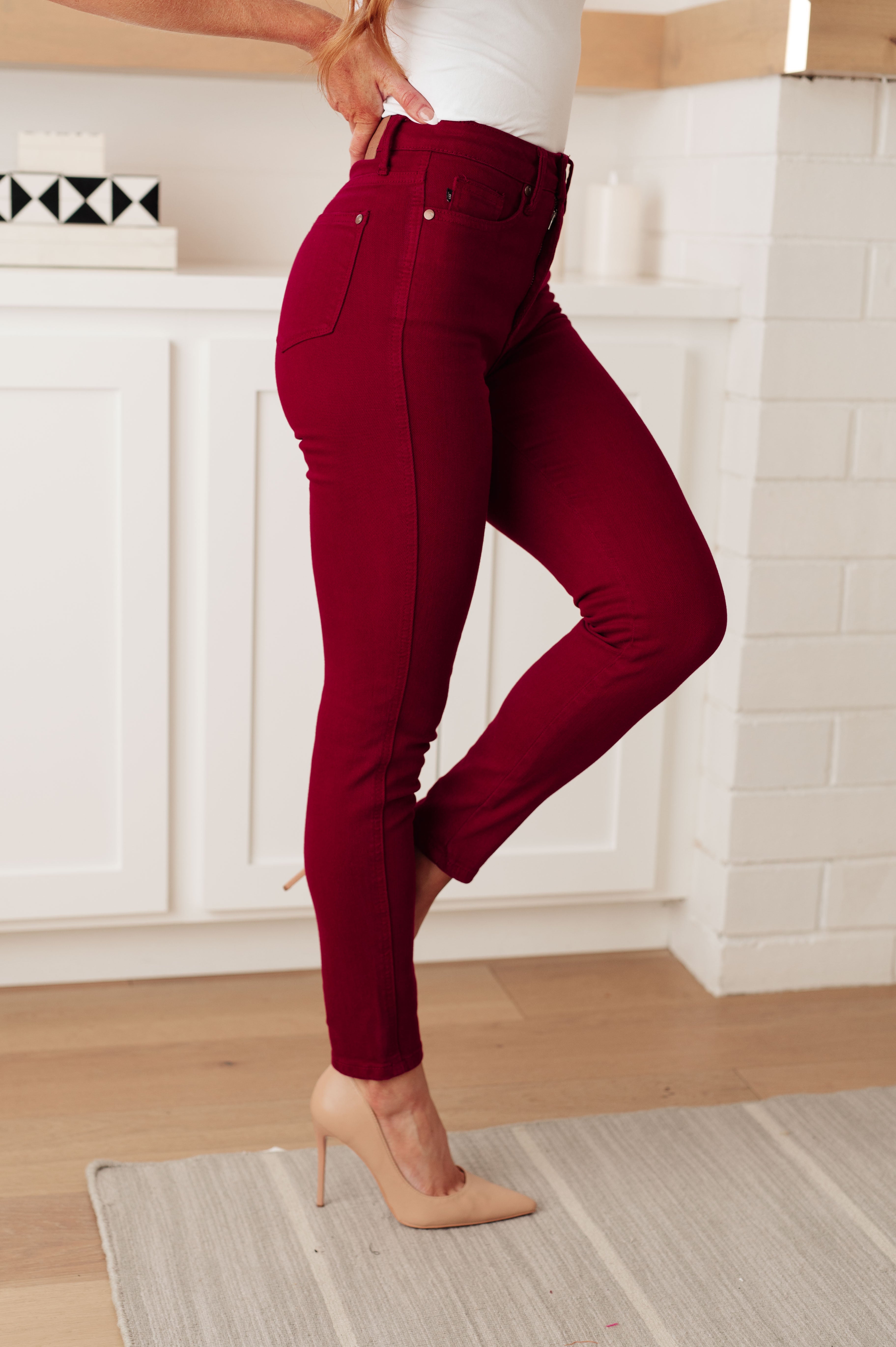 High Rise Tummy Control Skinny Judy Blue Jeans Scarlet