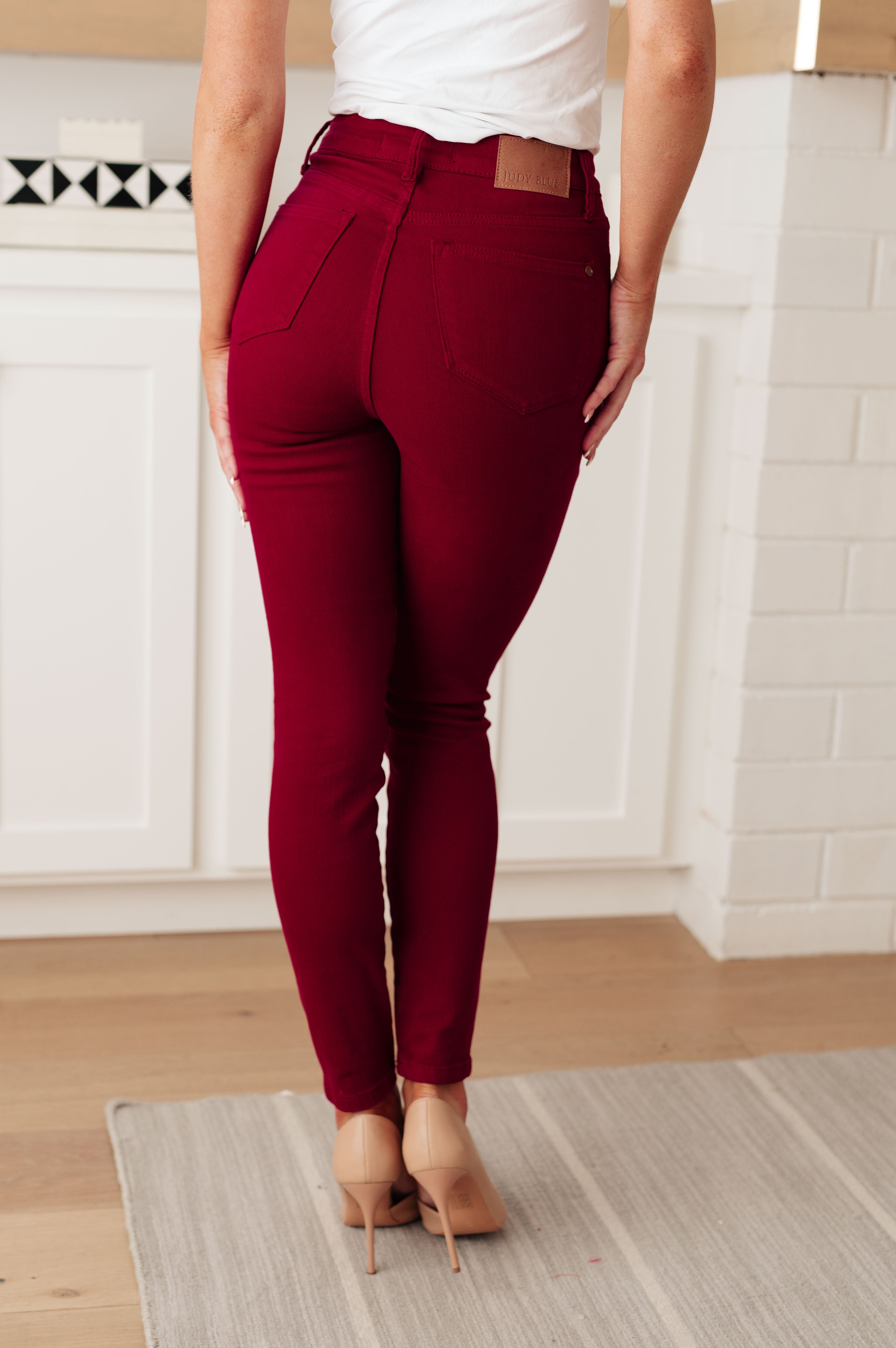 High Rise Tummy Control Skinny Judy Blue Jeans Scarlet