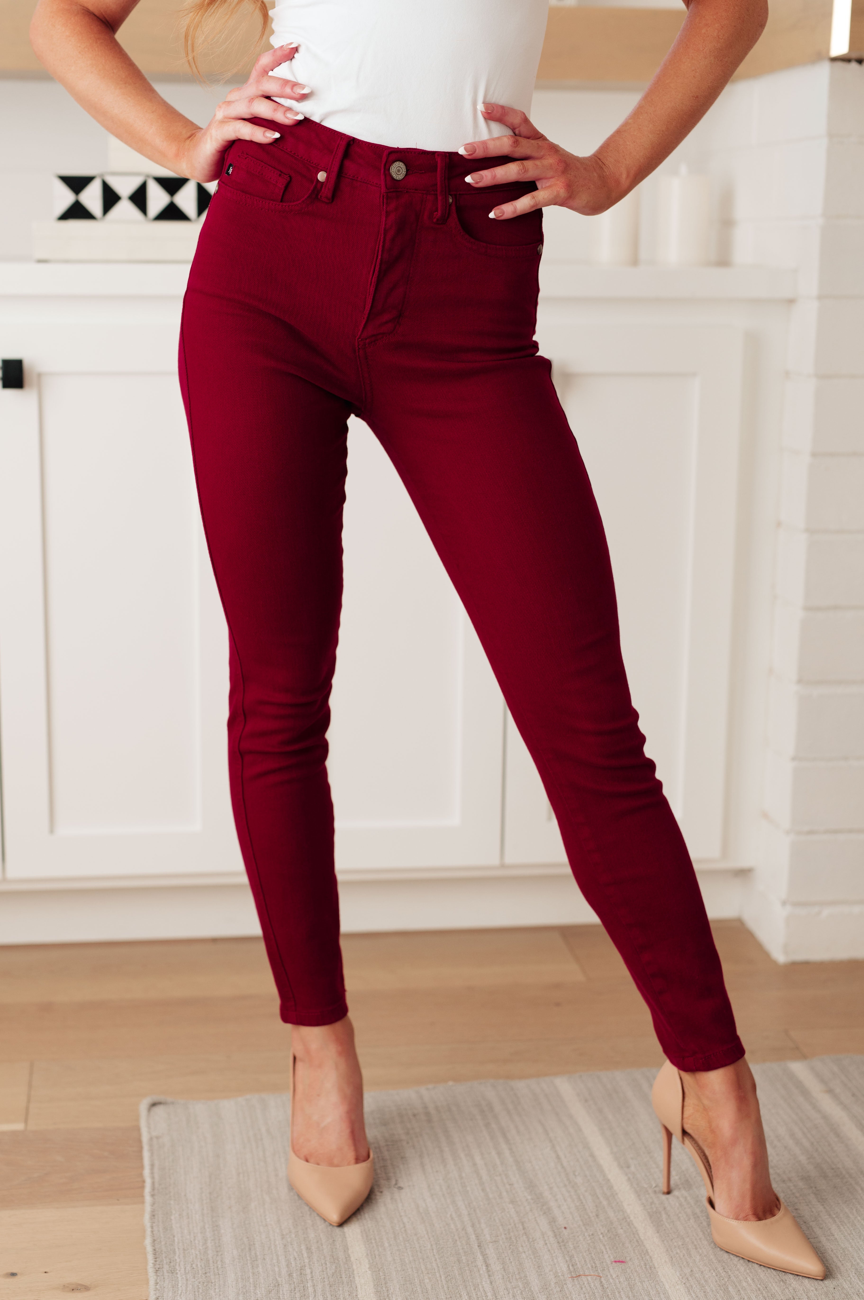 High Rise Tummy Control Skinny Judy Blue Jeans Scarlet