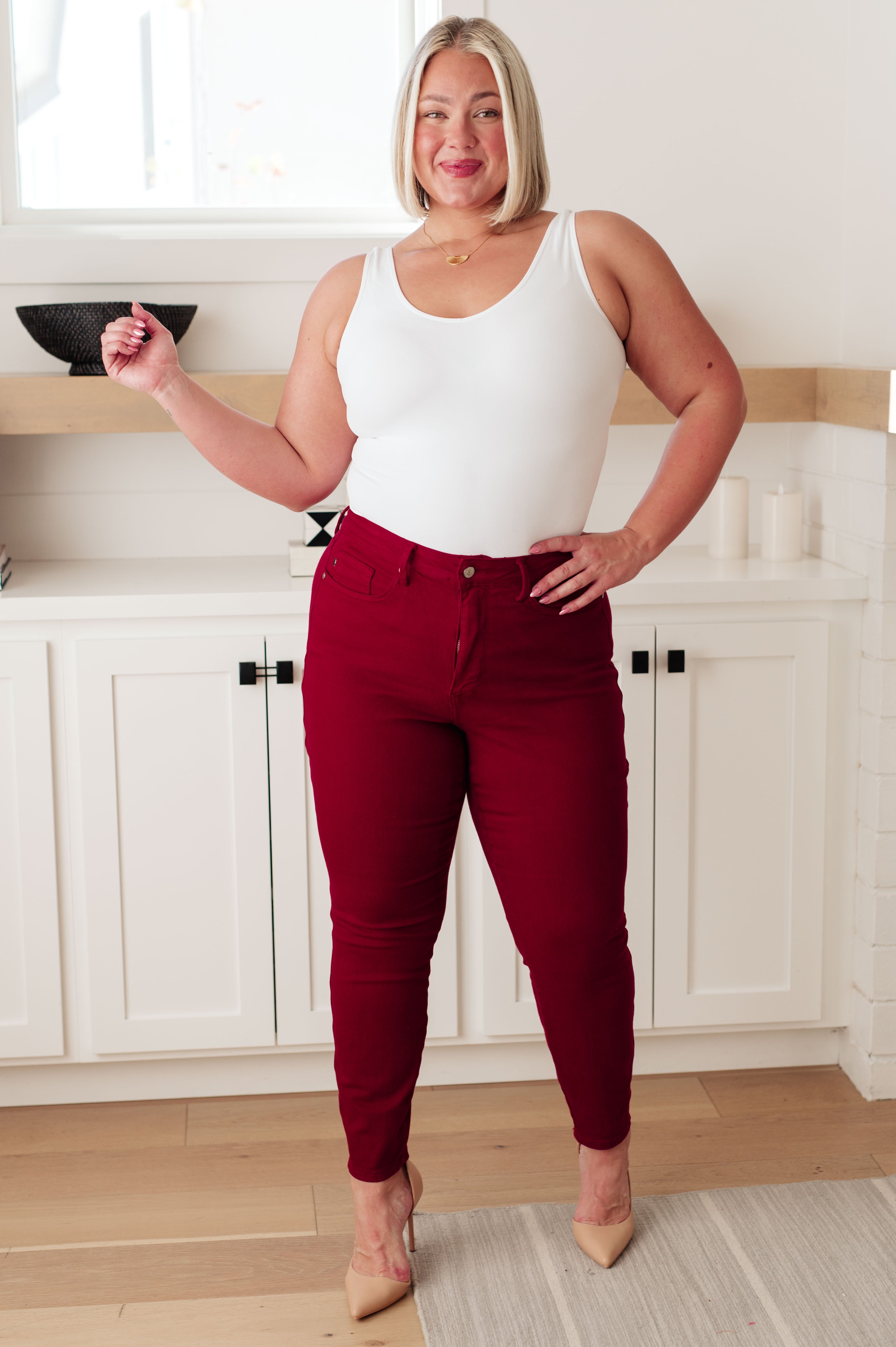 High Rise Tummy Control Skinny Judy Blue Jeans Scarlet