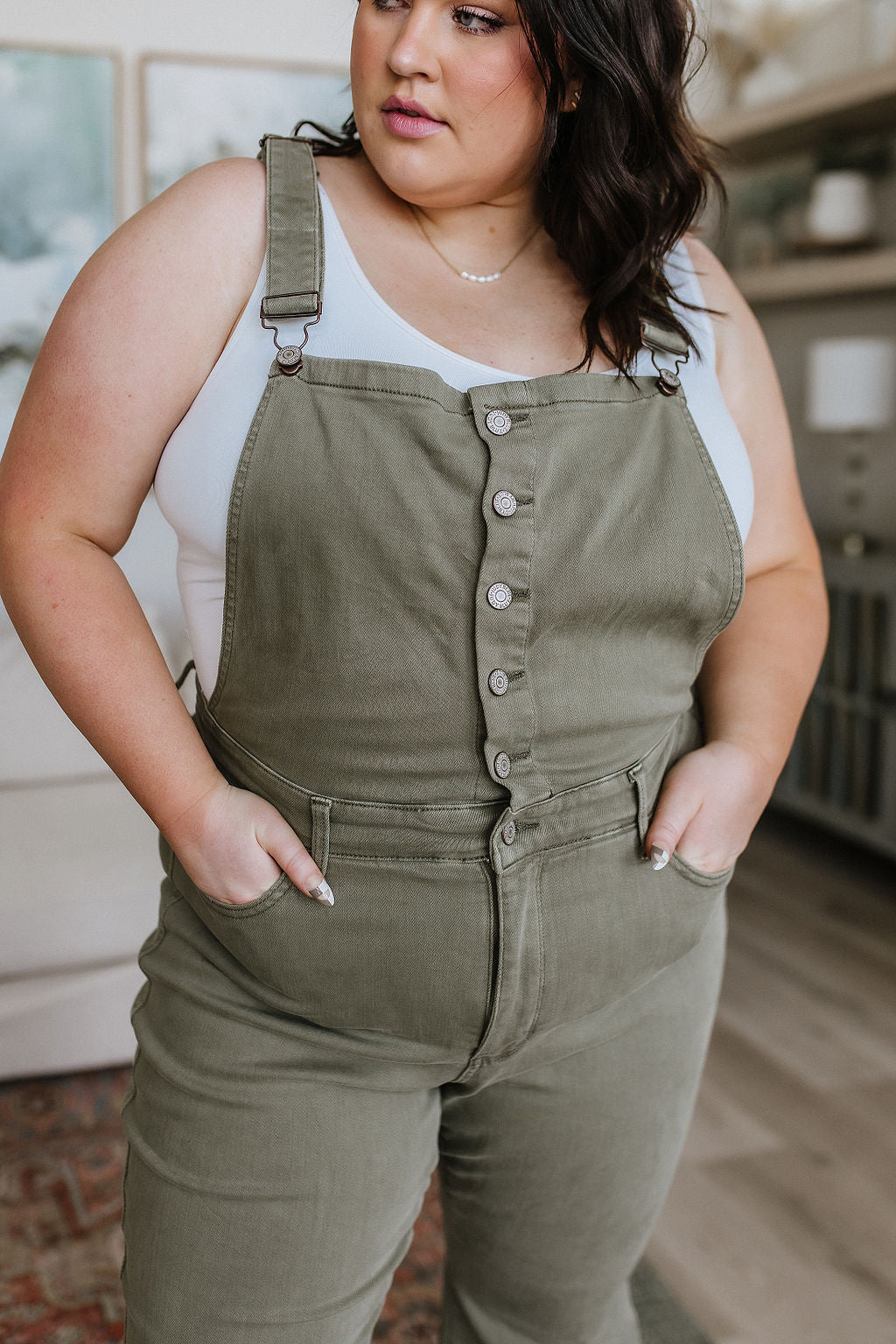 Olivia Control Top Release Hem Judy Blue Flare Overalls in Olive
