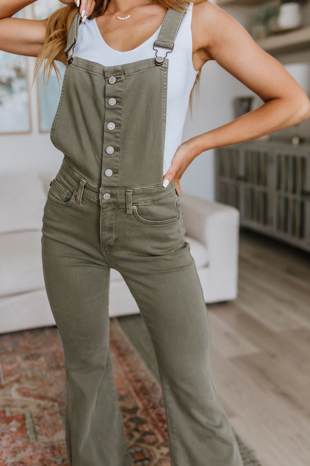 Olivia Control Top Release Hem Judy Blue Flare Overalls in Olive