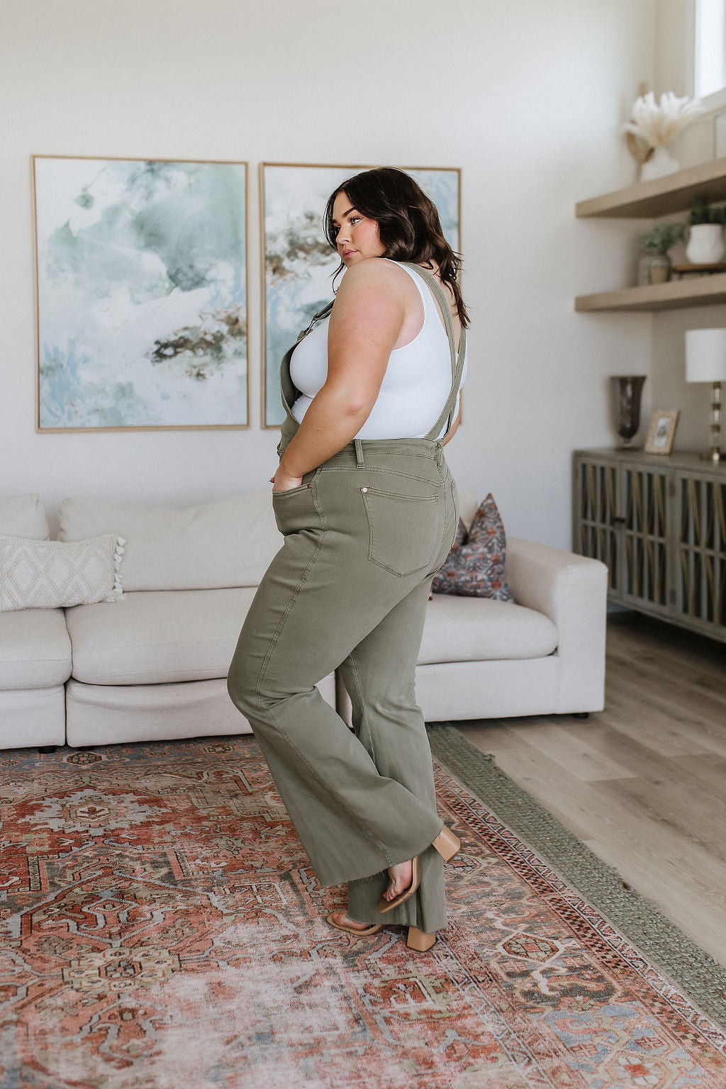 Olivia Control Top Release Hem Judy Blue Flare Overalls in Olive