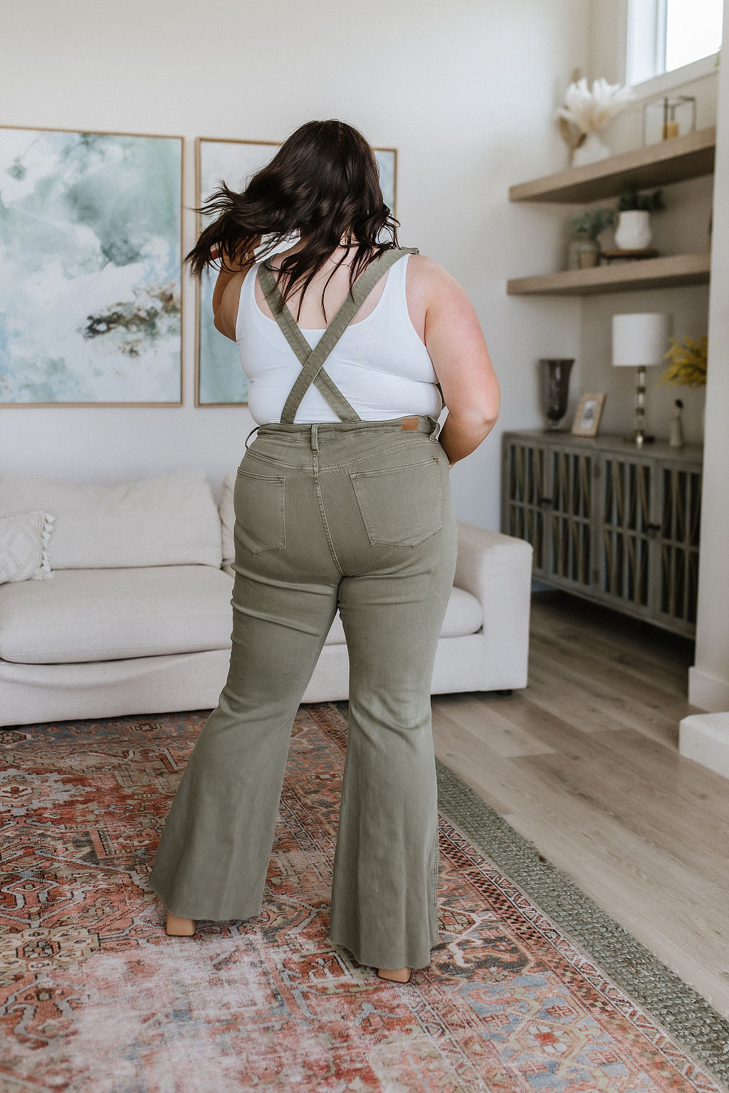 Olivia Control Top Release Hem Judy Blue Flare Overalls in Olive