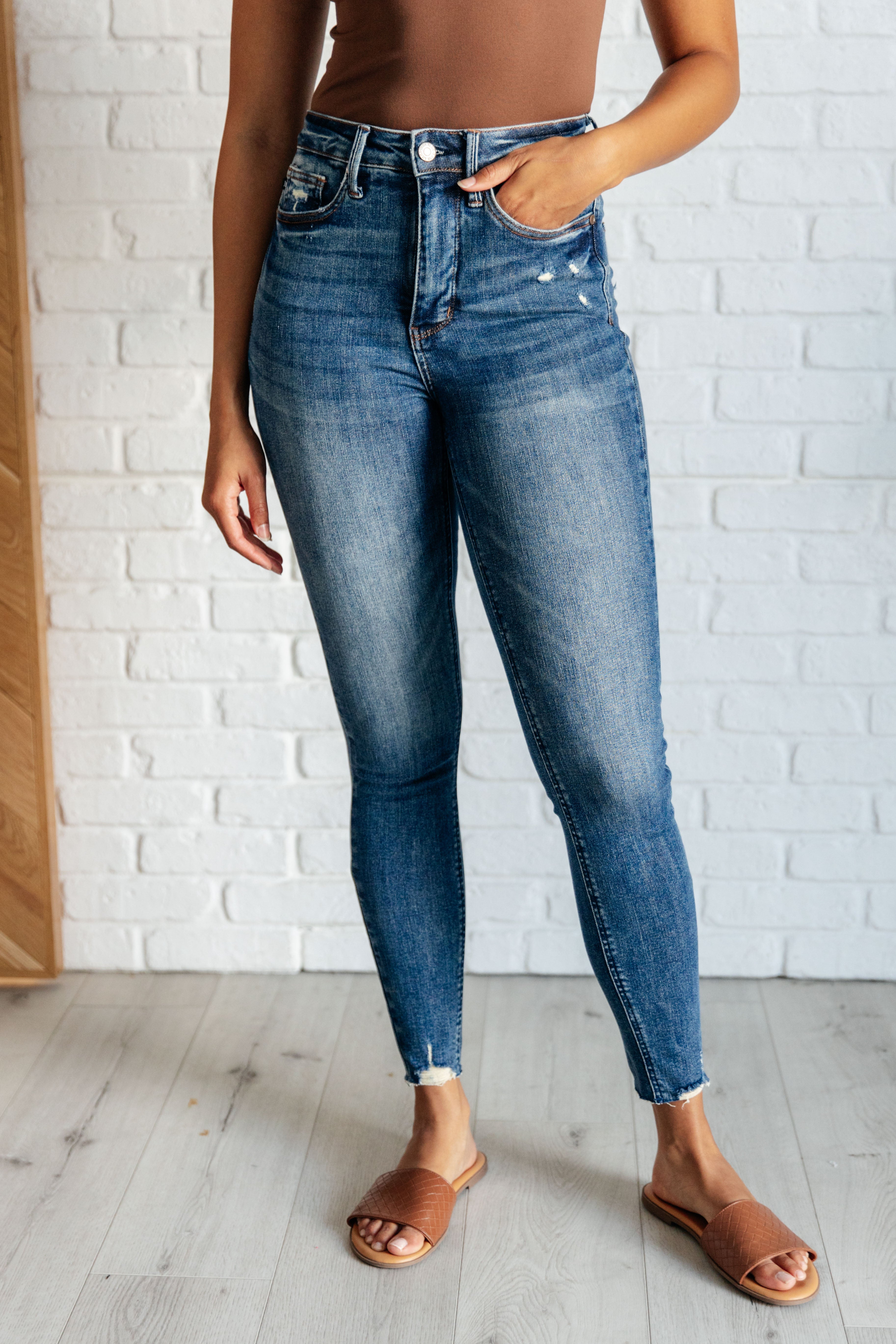 High Rise Tummy Control  Distressed Hem Skinny Judy Blue  Jeans