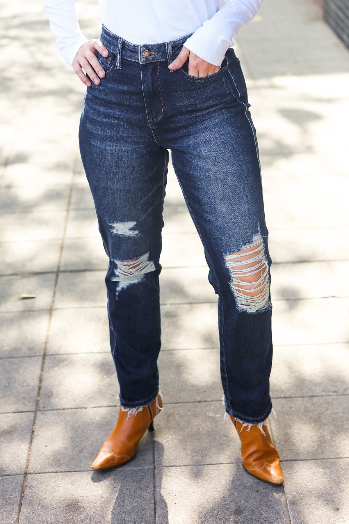 Mid Rise Dark Wash Distressed Straight Leg Judy Blue Jeans