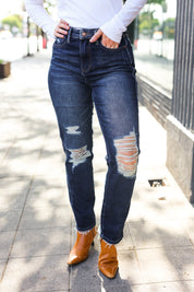 Mid Rise Dark Wash Distressed Straight Leg Judy Blue Jeans