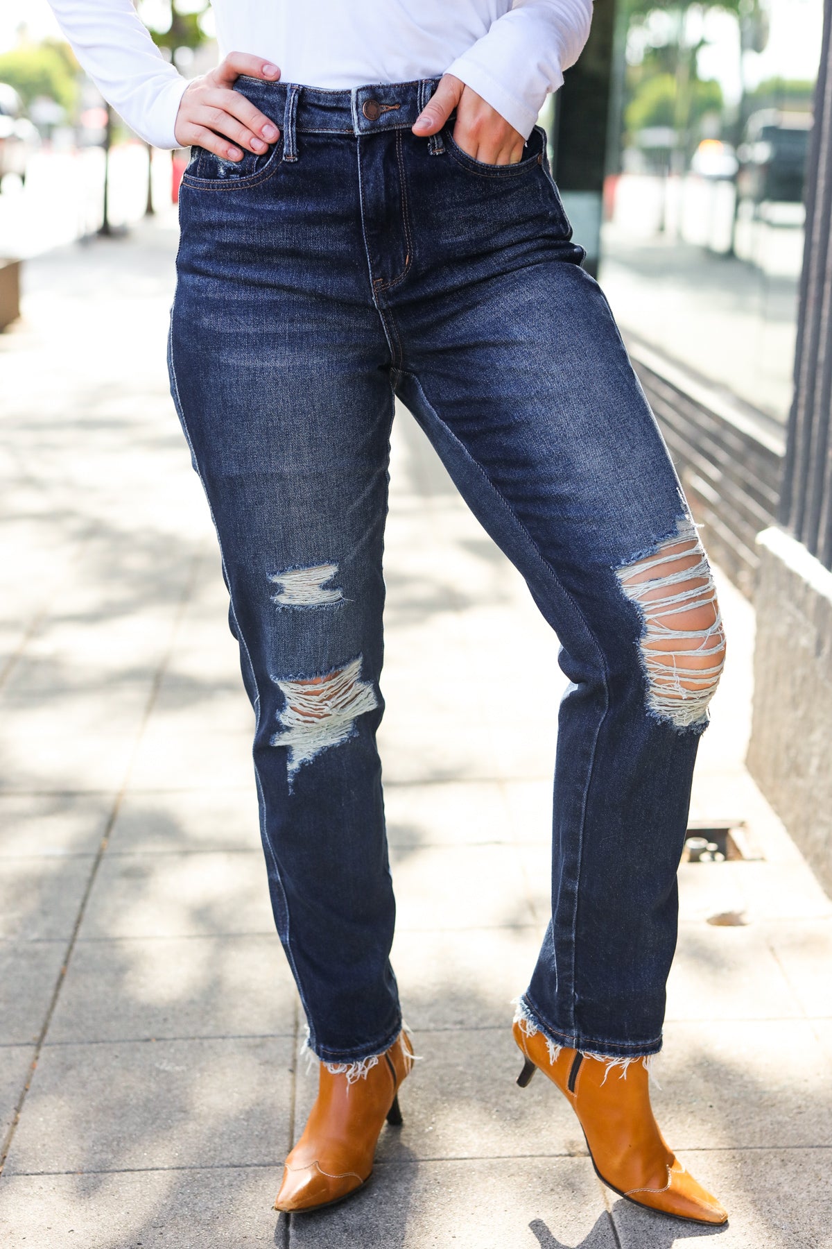 Mid Rise Dark Wash Distressed Straight Leg Judy Blue Jeans