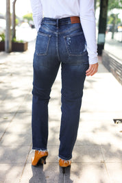 Mid Rise Dark Wash Distressed Straight Leg Judy Blue Jeans