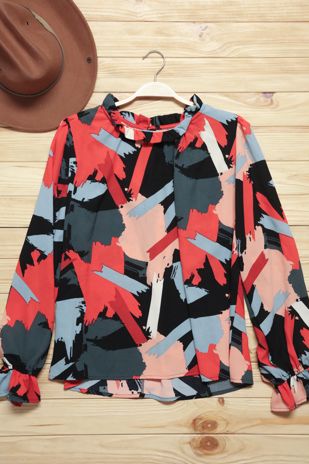 Black &amp; Red Abstract Print Frill NeckTop