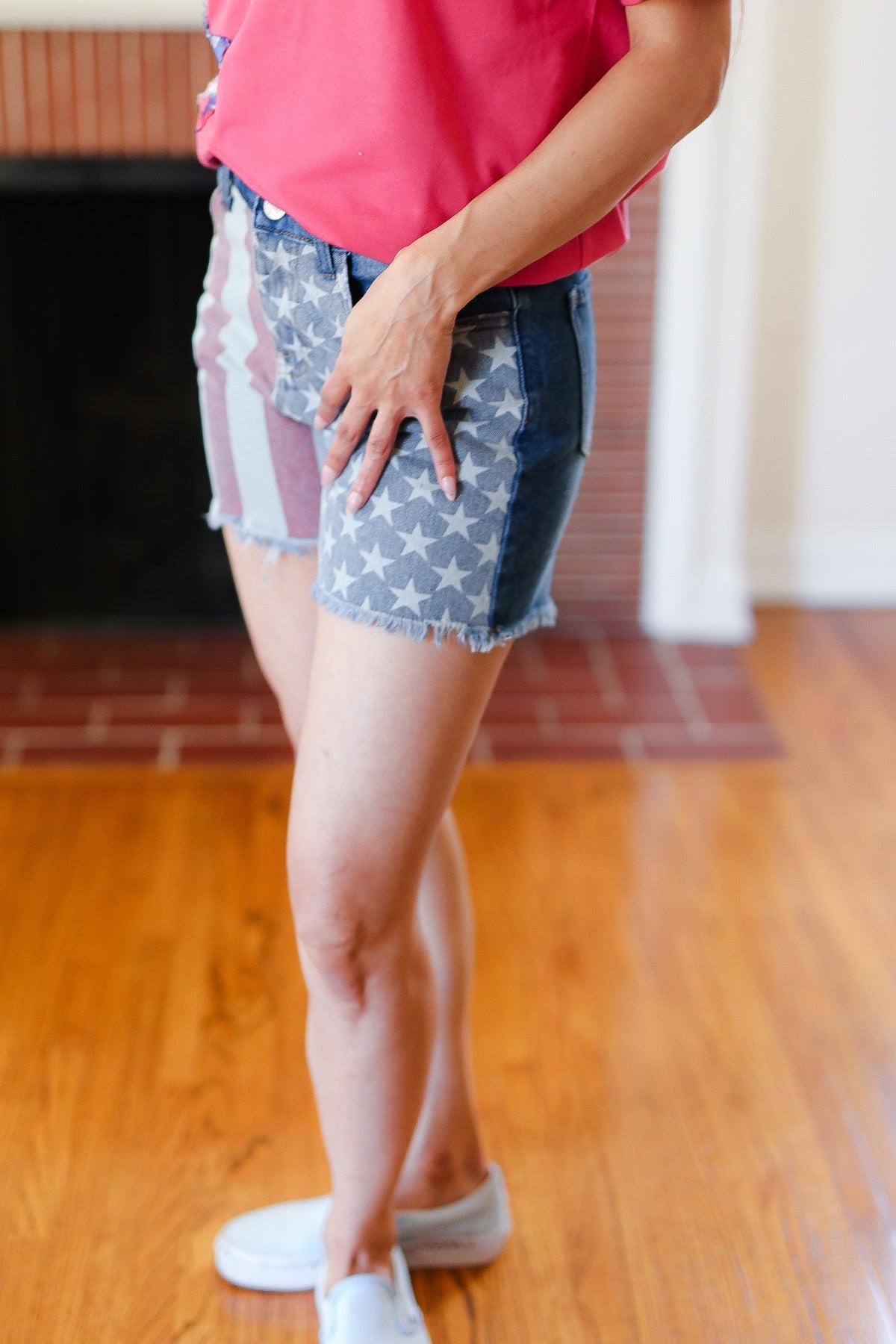 American Flag High Rise Frayed Hem Denim Haptics Shorts