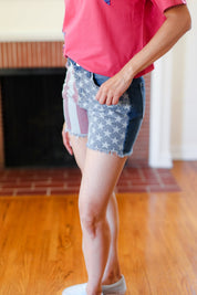 American Flag High Rise Frayed Hem Denim Haptics Shorts