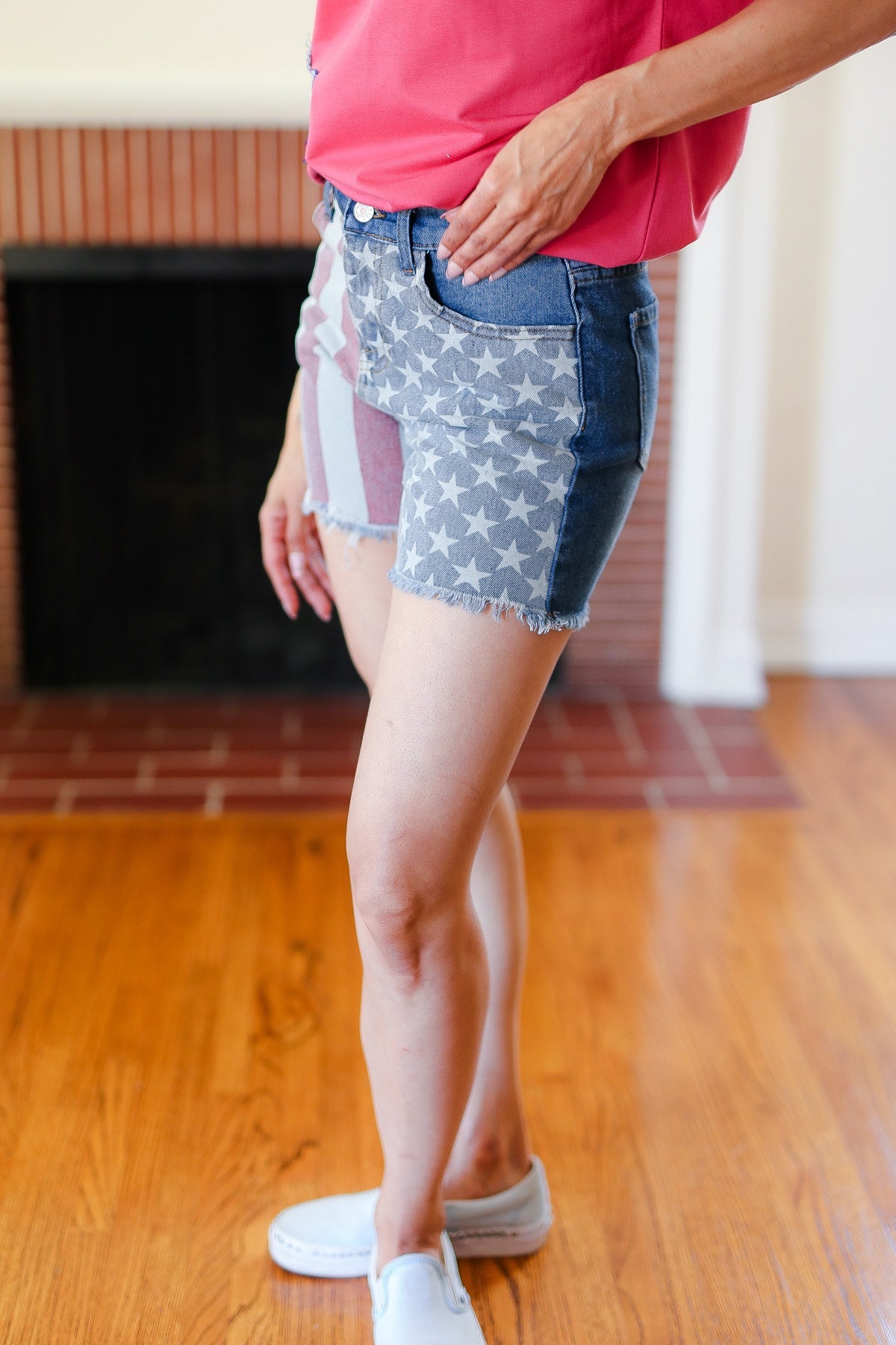 American Flag High Rise Frayed Hem Denim Haptics Shorts