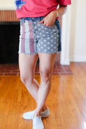 American Flag High Rise Frayed Hem Denim Haptics Shorts