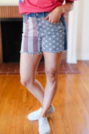 American Flag High Rise Frayed Hem Denim Haptics Shorts