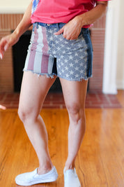 American Flag High Rise Frayed Hem Denim Haptics Shorts