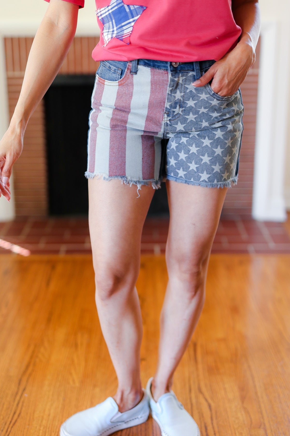 American Flag High Rise Frayed Hem Denim Haptics Shorts