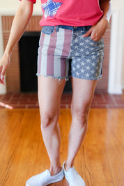 American Flag High Rise Frayed Hem Denim Haptics Shorts