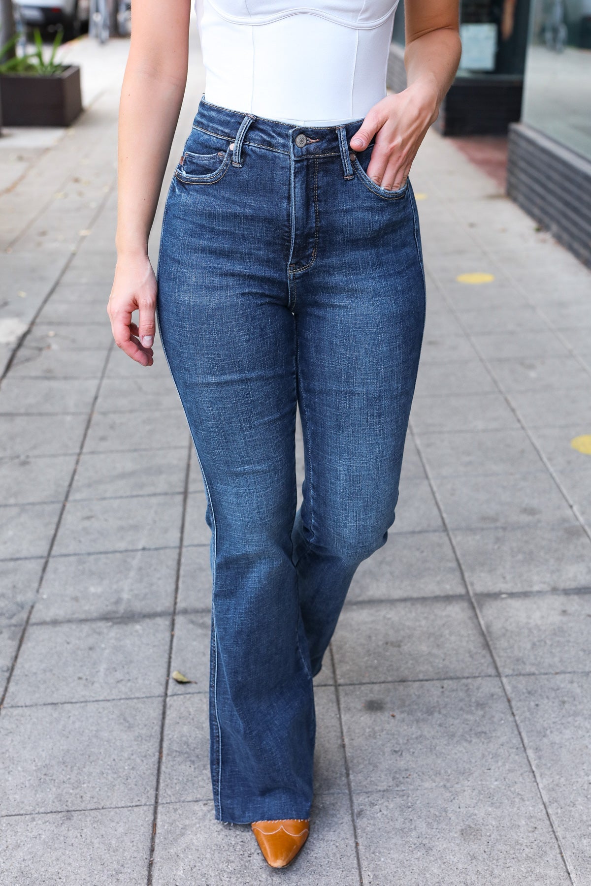 High Rise Dark Wash Back Pocket Detail Flare Judy Blue Jeans