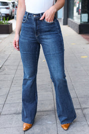 High Rise Dark Wash Back Pocket Detail Flare Judy Blue Jeans