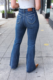 High Rise Dark Wash Back Pocket Detail Flare Judy Blue Jeans