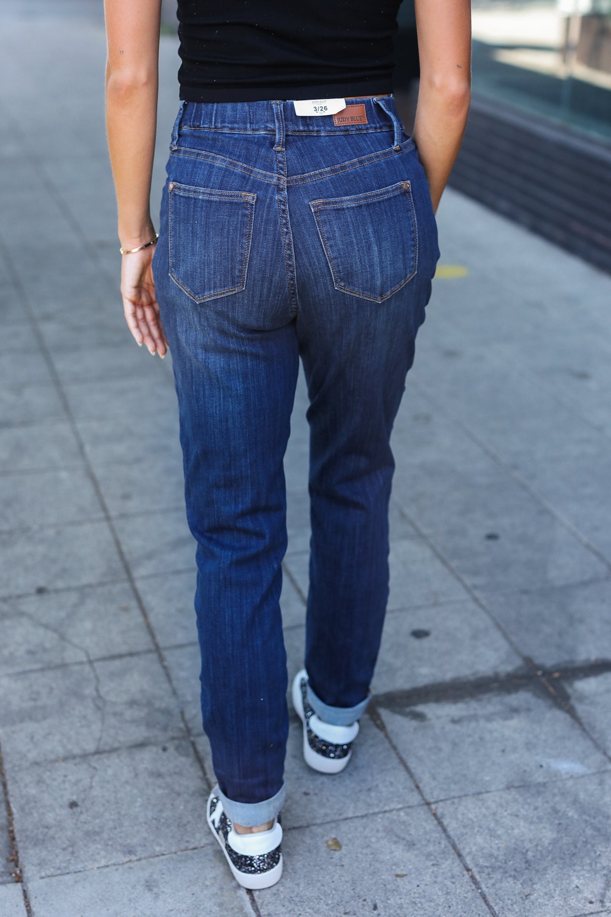 High Waist Dark Wash Pull On Cuffed Relaxed Slim Fit Judy Blue Jeans