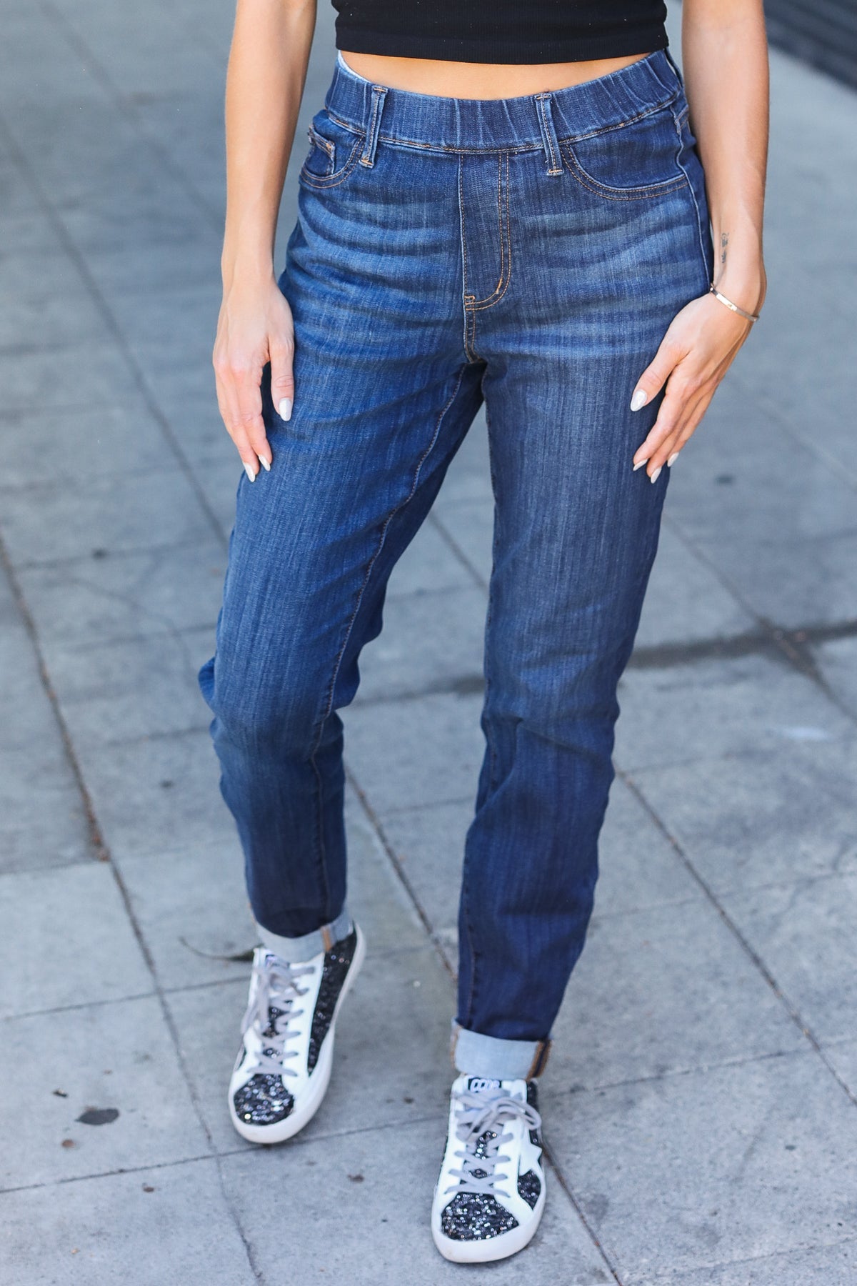 High Waist Dark Wash Pull On Cuffed Relaxed Slim Fit Judy Blue Jeans