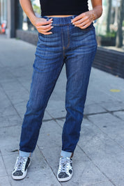 High Waist Dark Wash Pull On Cuffed Relaxed Slim Fit Judy Blue Jeans