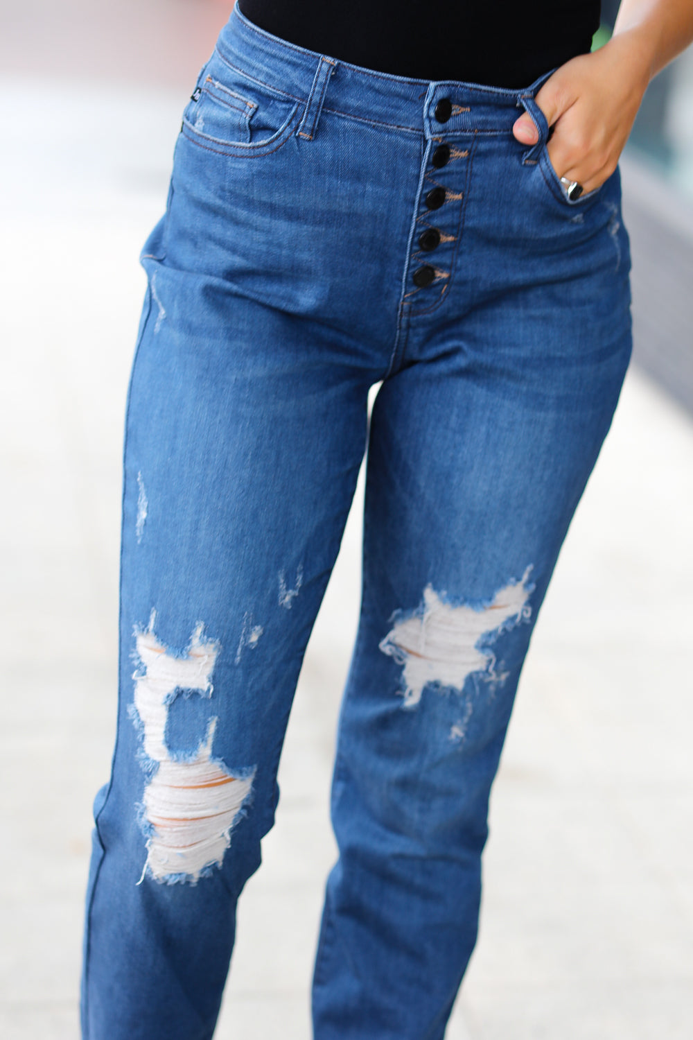 High Rise Boyfriend Fit Button Fly Distressed Judy Blue Jeans