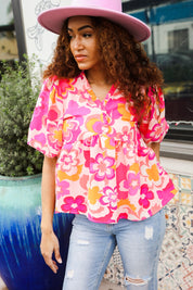 Floral Burst Pink & Yellow Frill Top