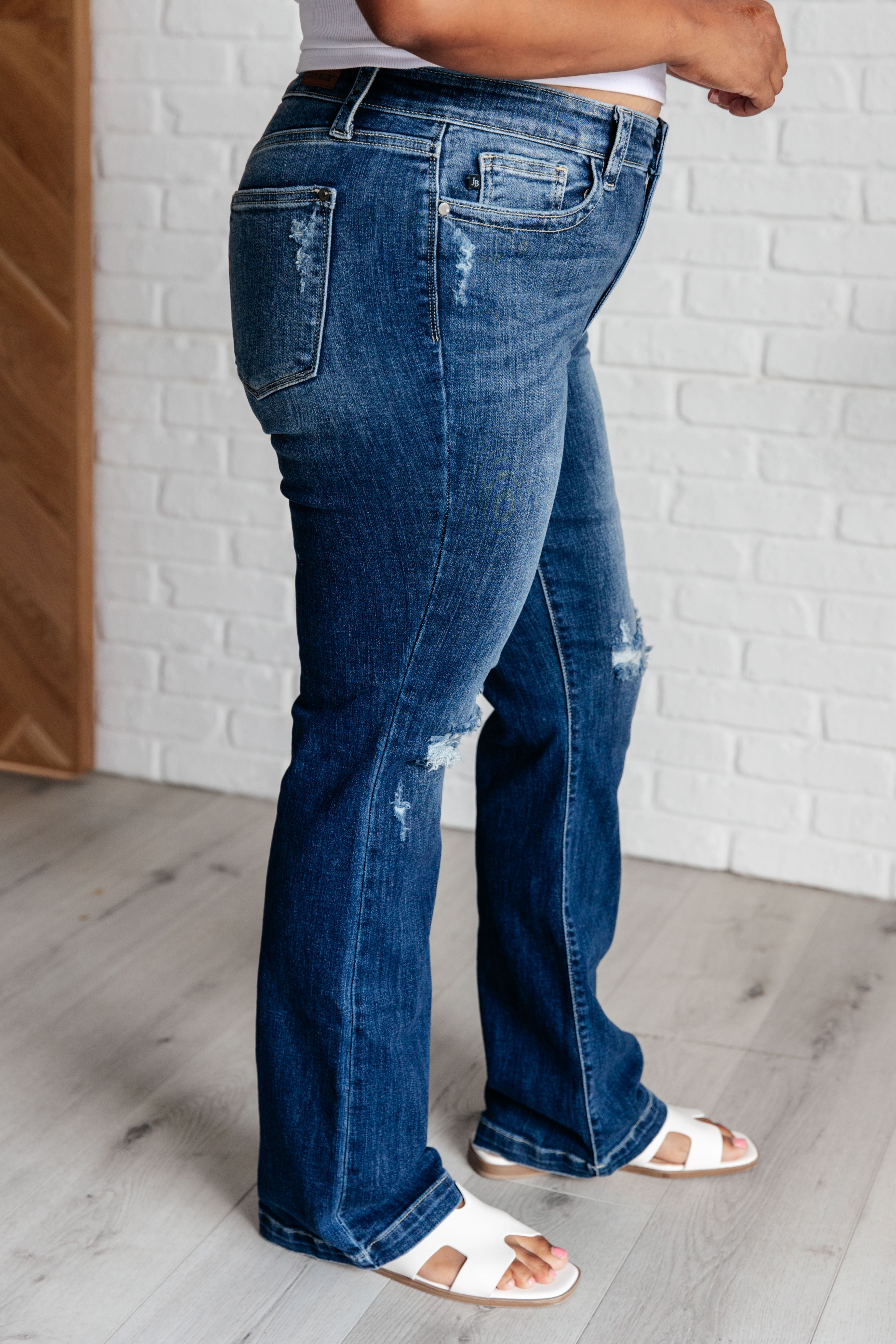 Mid Rise Dark Wash Distressed Bootcut Judy Blue Jeans