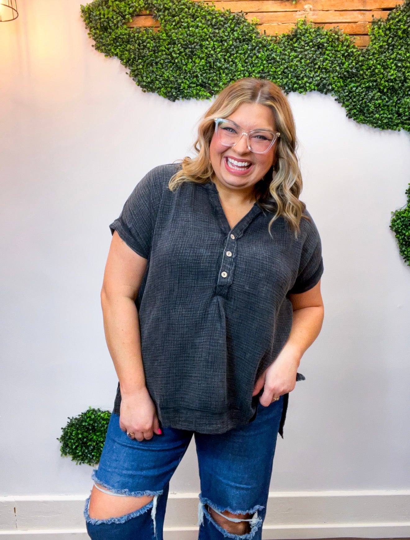 Worn In Washed Henley Top in Black