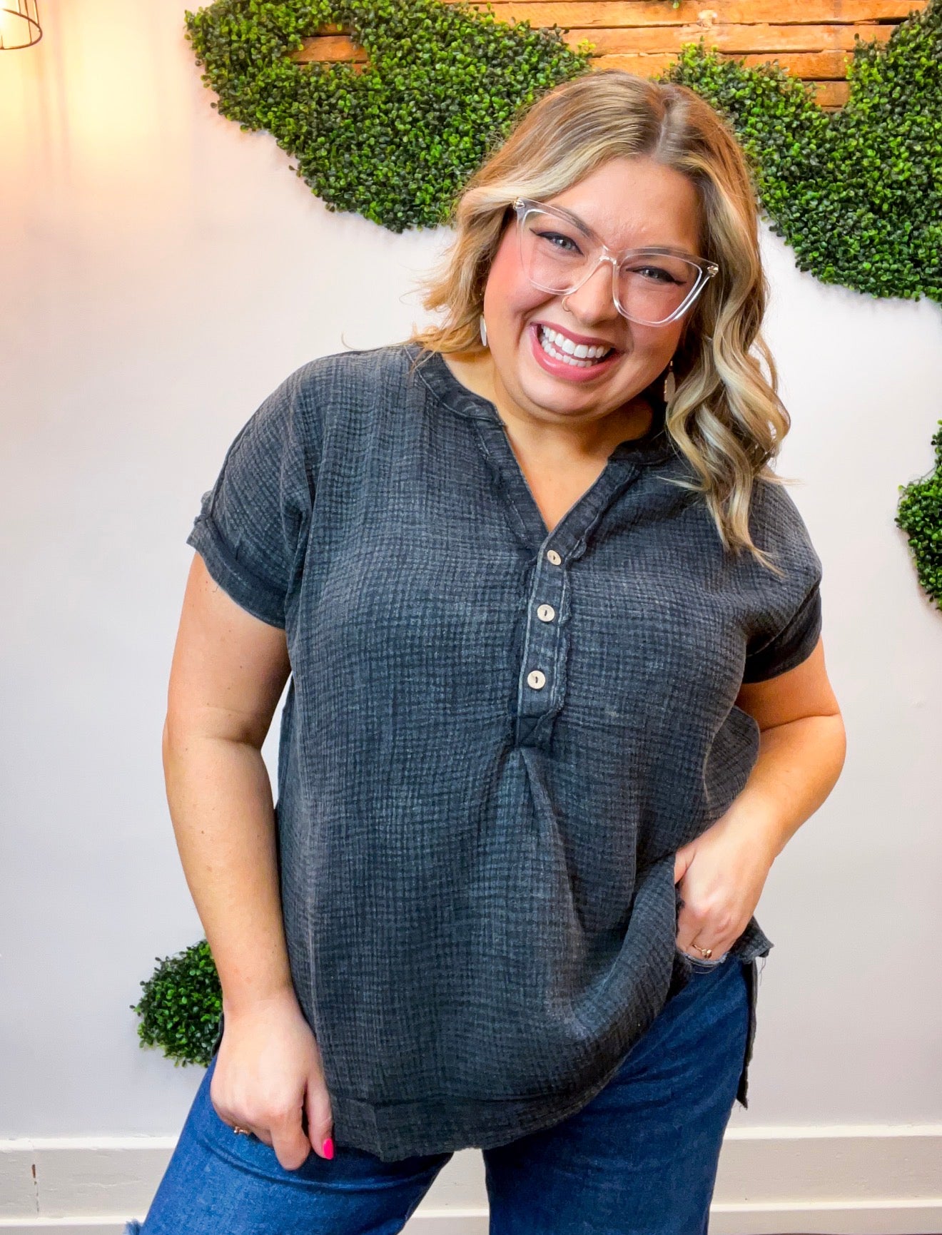 Worn In Washed Henley Top in Black