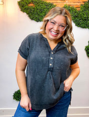 Worn In Washed Henley Top in Black