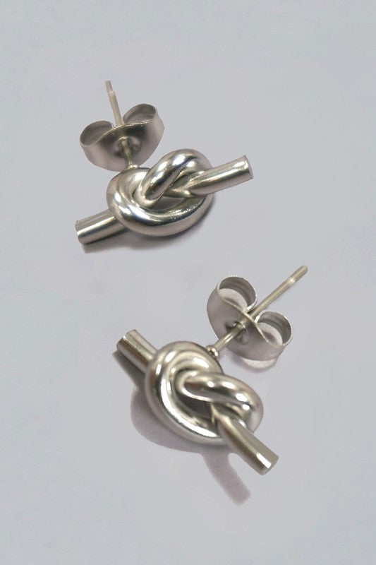 Stainless Steel Waterproof Tarnish Proof Twisted Knot Stud Earrings - Silver *Final Sale*