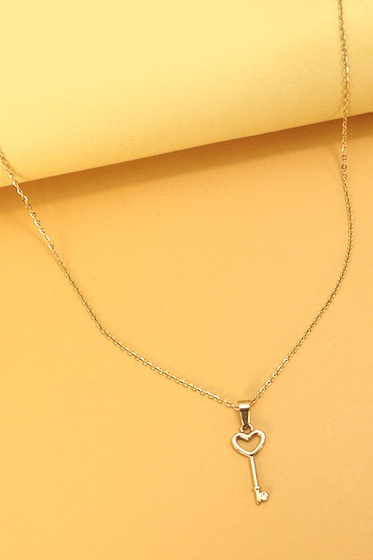 Stainless Steel Waterproof Tarnish Proof Heart Shaped Key Necklace - Gold  *Final Sale*