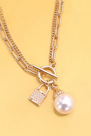 Pearl Lock Charm Double Layer Toggle Necklace *Final Sale*