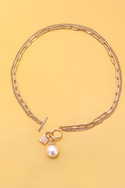 Pearl Lock Charm Double Layer Toggle Necklace *Final Sale*