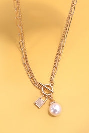 Pearl Lock Charm Double Layer Toggle Necklace *Final Sale*