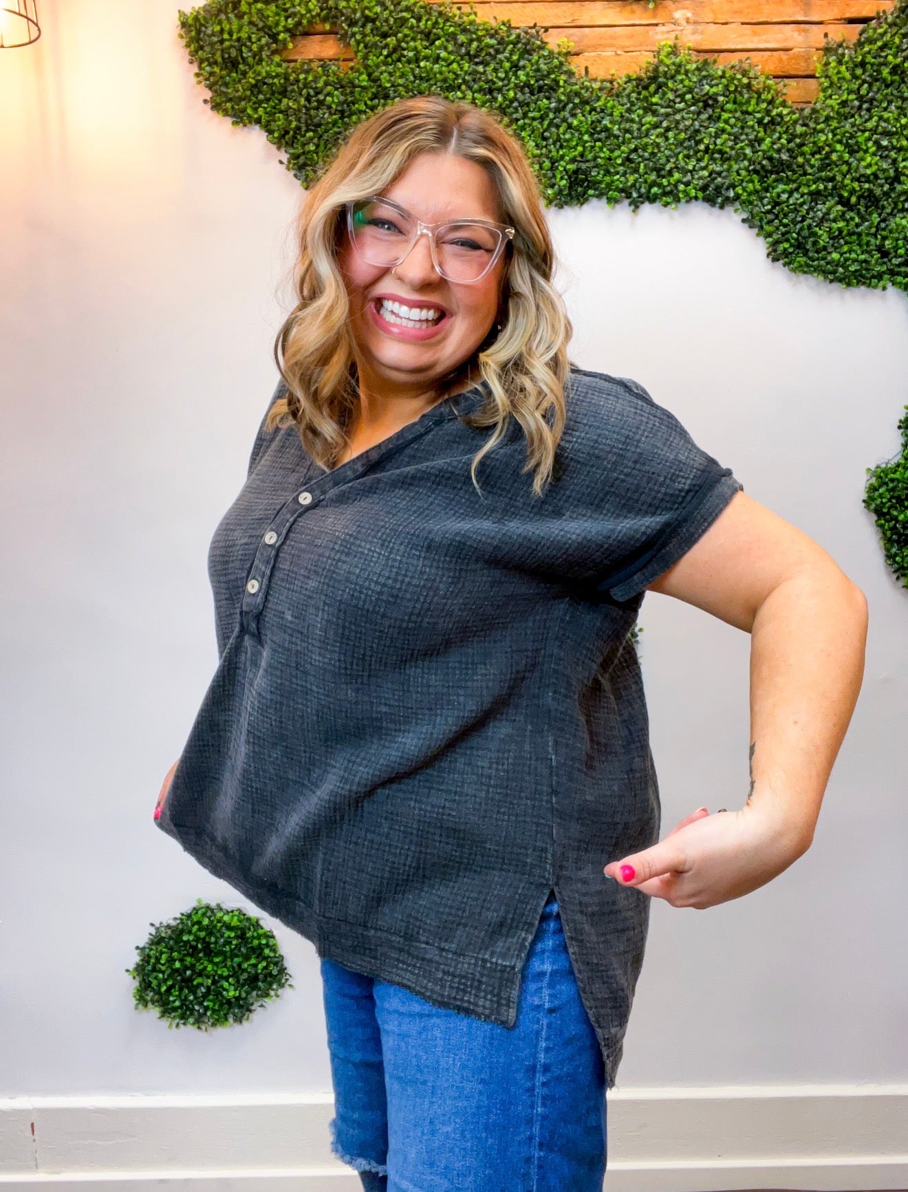 Worn In Washed Henley Top in Black