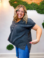 Worn In Washed Henley Top in Black