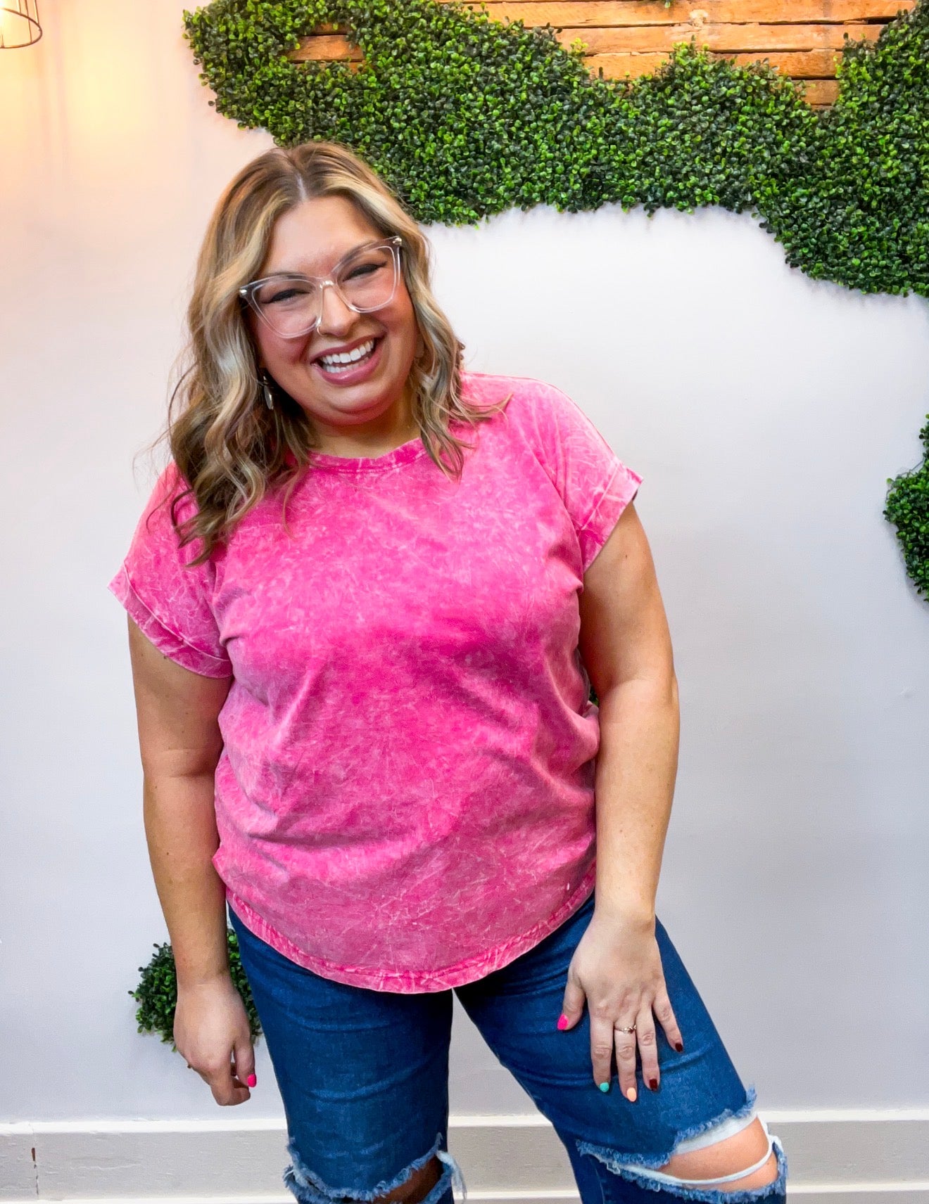 Sunkissed Crinkle Folded Sleeve Tee in Hot Pink