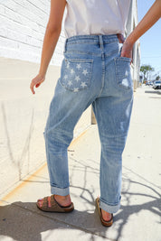 High Rise Boyfriend Cuffed Hem Star Pocket Judy Blue Jeans